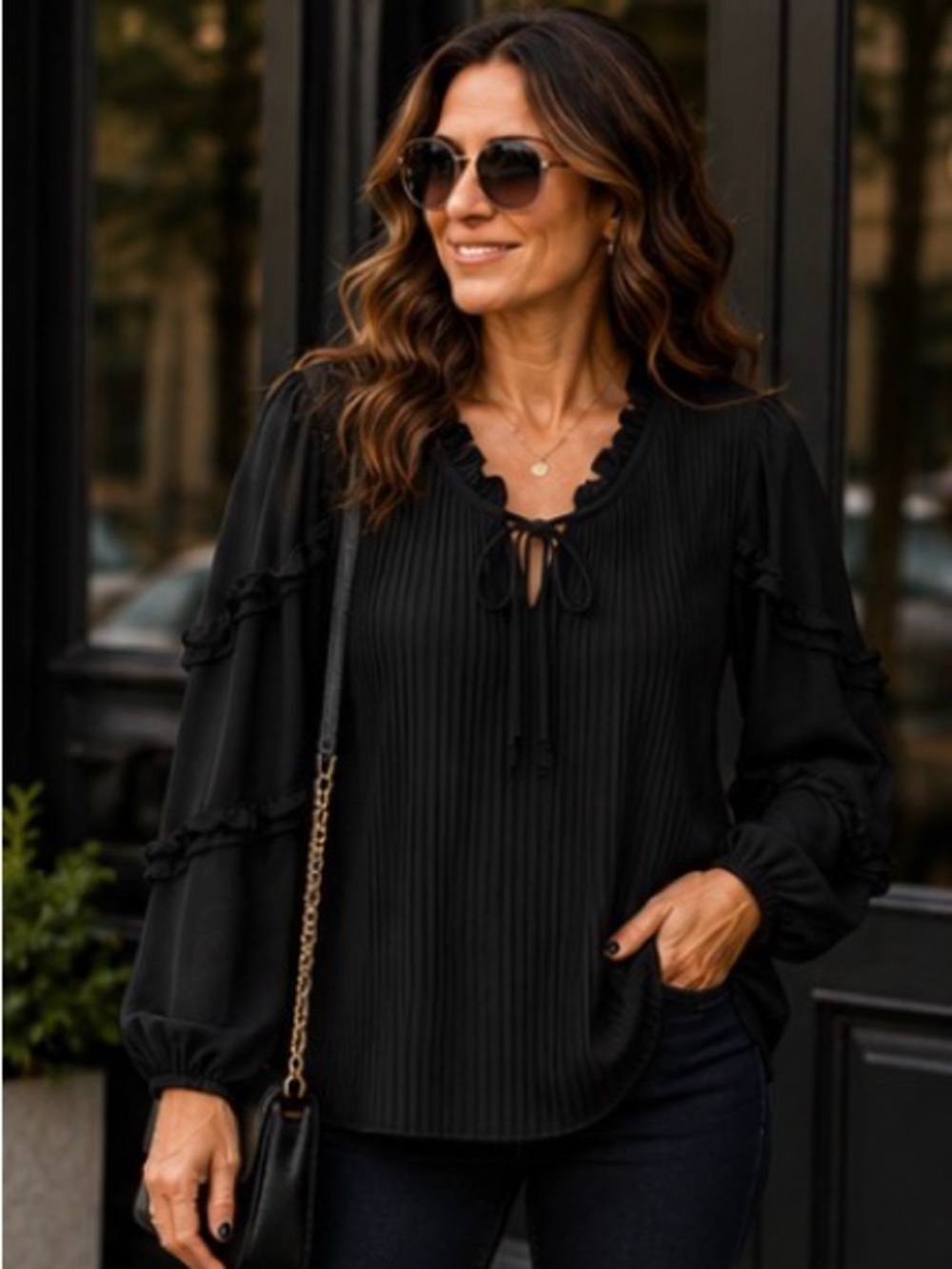 Marc New York Andrew Marc Black Pleated Ruffle Blouse XL